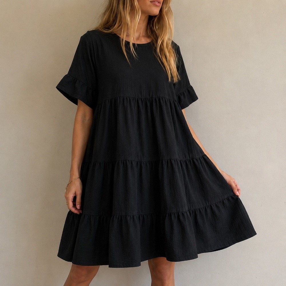 Shein Black Tiered Babydoll Dress Ruffle Sleeve Large Cottagecore Goth